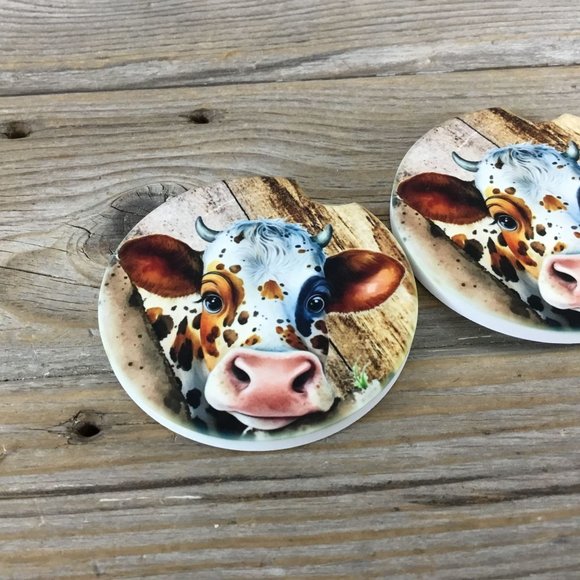 Peeking Cow Rustic Car Coasters Set of 2 - Picture 3 of 5